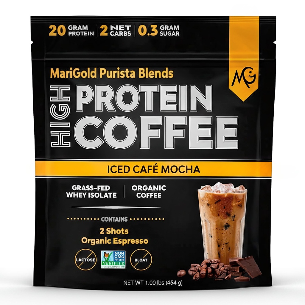 Café à haute teneur en protéines - Iced Café Mocha, 20g Protéines de fer à l'herbe Isolation, énergie et entraînement Boost, 2 tirs Espresso biologique, non-OGM, 2 Net Carb, 1 Lb sac, 15 portions