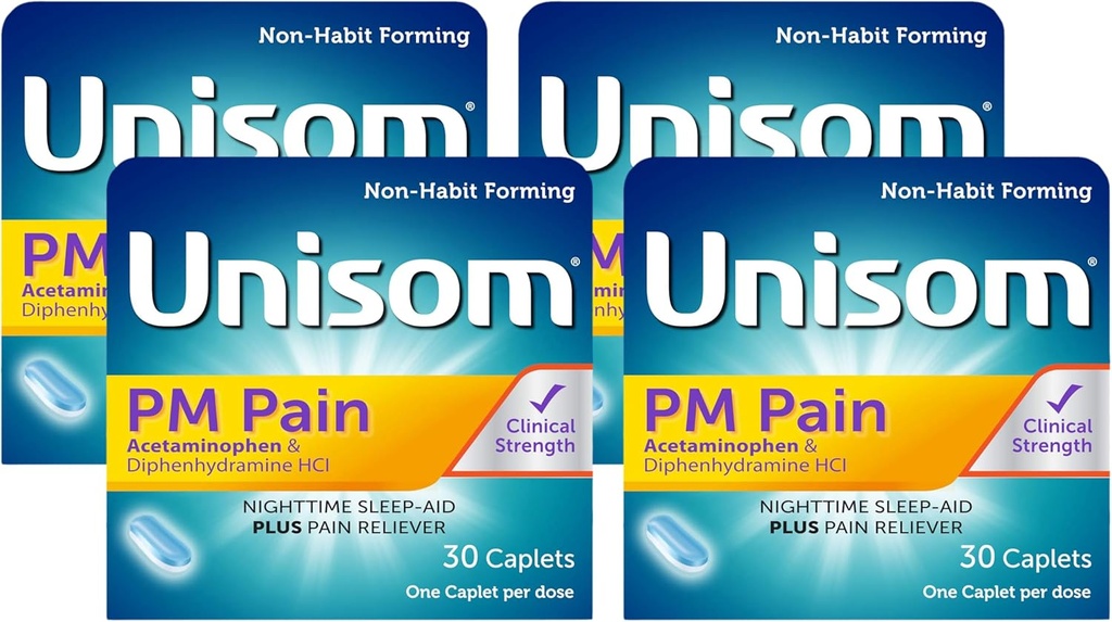 Unisom P.M. Douleur pendant la nuit Aide au sommeil + soulagement de la douleur, acétaminophène et diphénhydramine HCI, 30 Caplets, 50mg (paquet de 4)