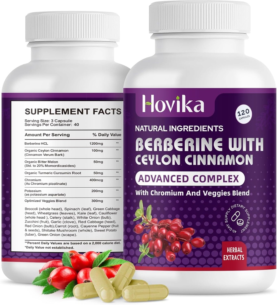 Berberine HCL capsules 1200 mg - Berberine Supplement met Ceylon Cinnamon, Chroom, Veggies Blend - Ondersteunt Metabolisme en immuunsysteem, Gut Health - 120 ct Eenvoudig doorslikken Vegan Pillen