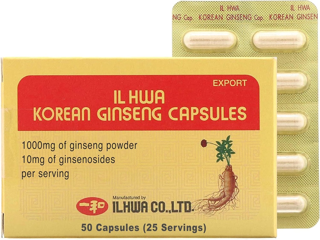 ILHWA Koreaanse Ginseng Capsule (500 mg*50 capsules, 25 porties) - 250 mg 100% Pure Koreaanse Panax Root Powder. Ginsenoside 10 mg per portie.