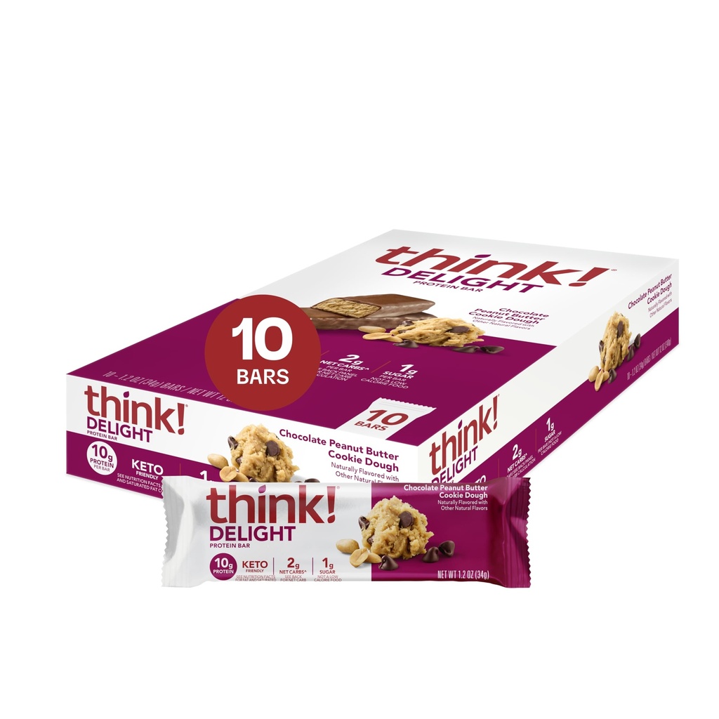 Denk na! Delight, Keto Proteïne Bars, Gezond Lage Kool, Glutenvrije Snack - Chocolade Pindakaas Cookie Deeg, 10 Tellen (Verpakking mei Vary)