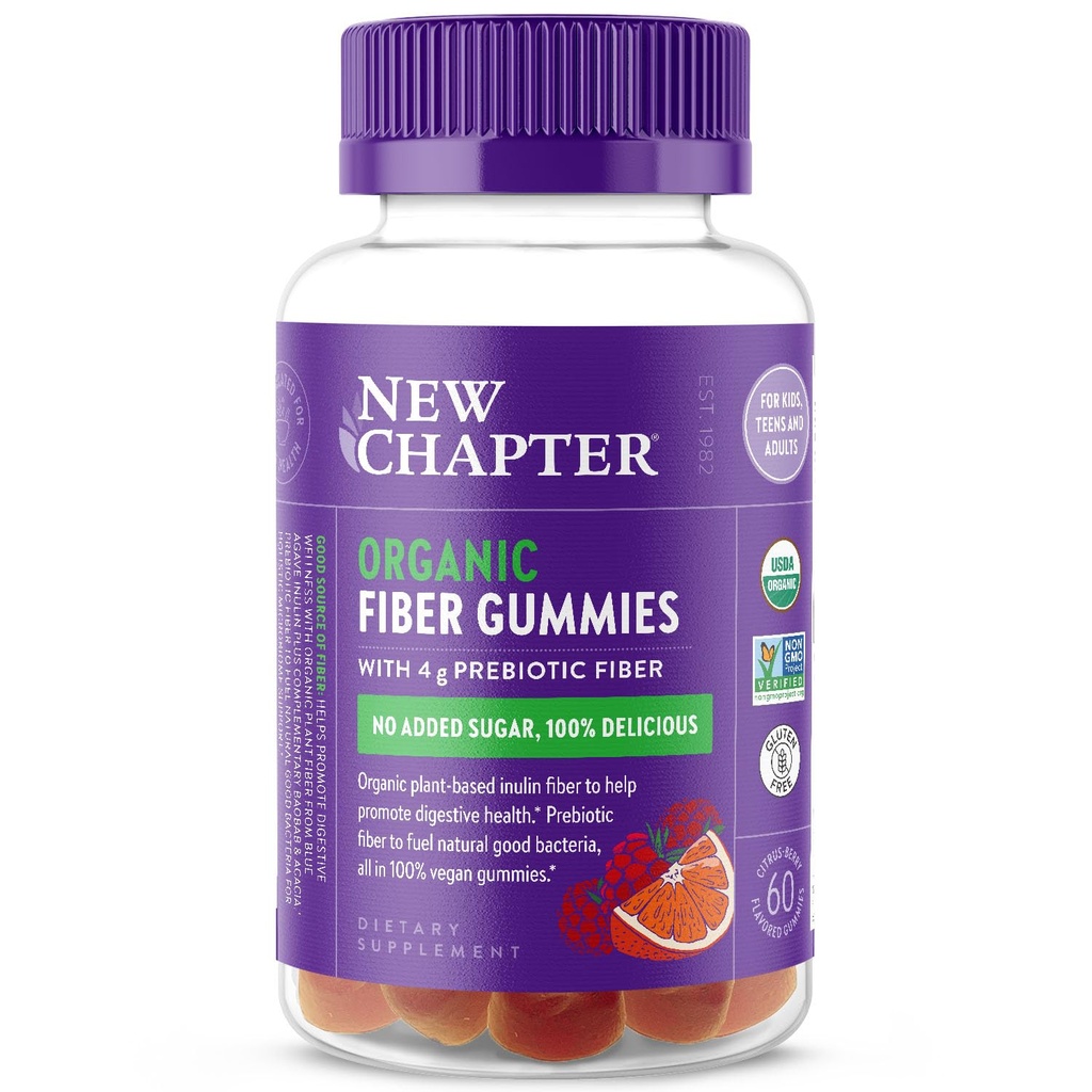 Nieuw Hoofdstuk Biologische Vezel Gummies voor Volwassenen & Kids (Age 4+), Plant-Based Prebiotic Fiber voor Digestieve Gezondheid, Veganistisch, Non-GMO, USDA Biologische, Glutenvrij, Citrus-Berry Flavored, 60 ct