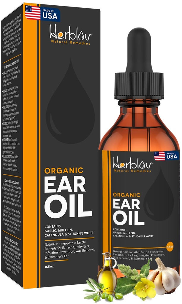 Biologische oorolie voor oorinfecties - Natuurlijke oordruppels voor infectiepreventie, Swimmer's Ear & Wax Removal - Kids, Adults, Baby, Dog Earache Remedy - met Mullein, Knoflook, Calendula, Made in USA