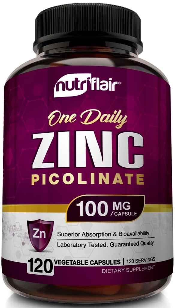 NutriFlair Zinc Picolinate 100mg, 120 Capsules - végétalien, non-OGM, fabriqué aux États-Unis, laboratoire tiers testé