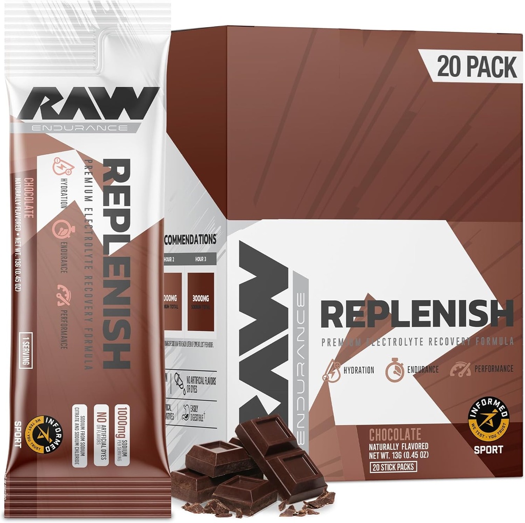 RAW Replenish Packets, Premium Electrolytes Powder Recovery Formula, Chocolade (20 Stick Packs) - Flavored Electrolyte Drink Mix voor hydratatie, Replenishment, Endurance & Performance Workouts