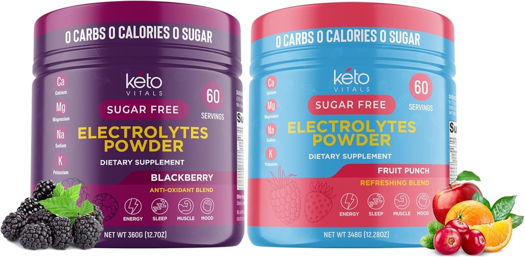 Keto Vitals BlackBerry Bundle with Fruit Punch - 2 Pack Bundle Keto Electrolytes Powder - Keto-Friendly Electrolytes met Kalium, Magnesium, Natrium, Calcium - BlackBerry & Fruit Punch