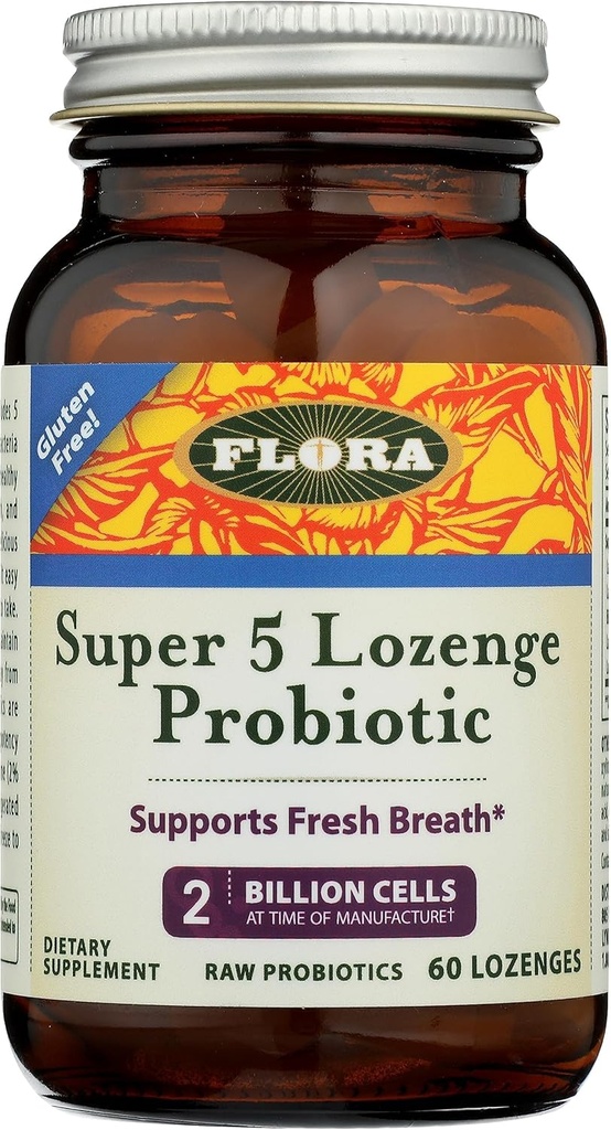 Flora - Super 5 Lozenge Probiotic, Raspberry Flavored Oral Probiotic, Goed voor slechte adem, vijf strepen met 2 miljard CFU, Regain en Retain Gut Health, RAW, 60 Lozen