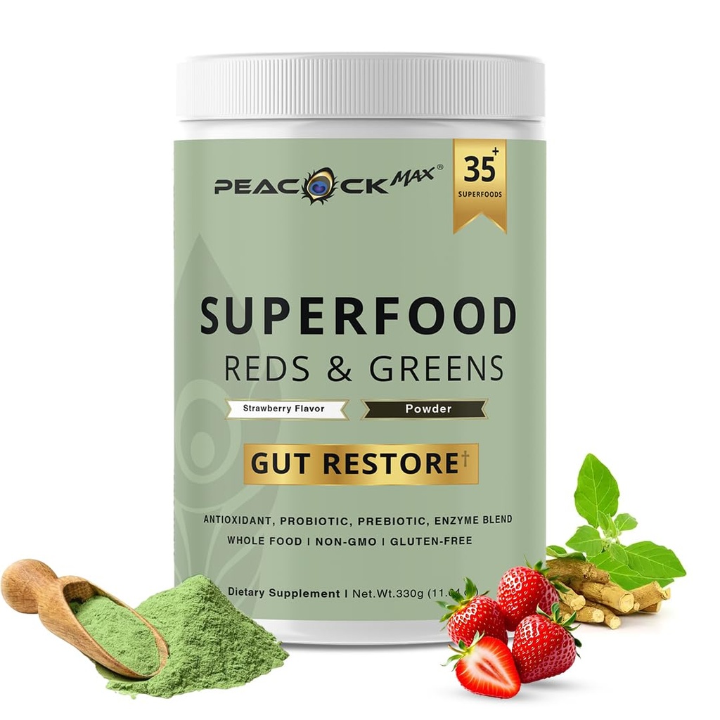 Superfood Reds & Greens Powder - 11,64 oz, Prebiotica & Probiotica voor de spijsvertering gezondheid, Super Greens Powder met Ashwagandha voor Gut Health, Immuniteit, Antioxidanten, Vegan, Non-GMO