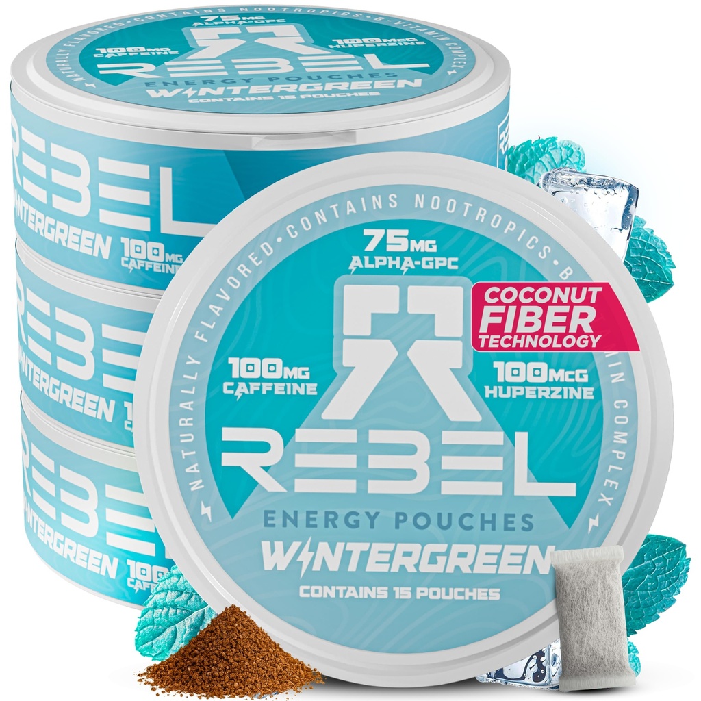 Nootropic Energy Cafeïne zakjes • 100mg Cafeïne • Alpha GPC • Huperzine A & Essentiële Vitaminen • Sugar-Free • Coconut Fiber Technology • Wintergreen Flavor • 15 zakjes per blikje (verpakking van 4)