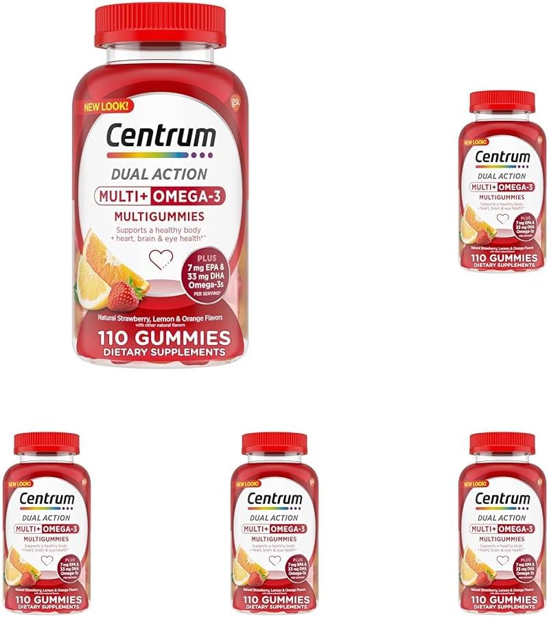 Centrum MultiGummies Multi+ Omega 3 Dual Action, Adult Multivitamine, Multivitamine/Multimineral/Omega 3 Supplement, Aardbei/Citroen/Orange Smaken - 110 Tellen (pakket van 5)
