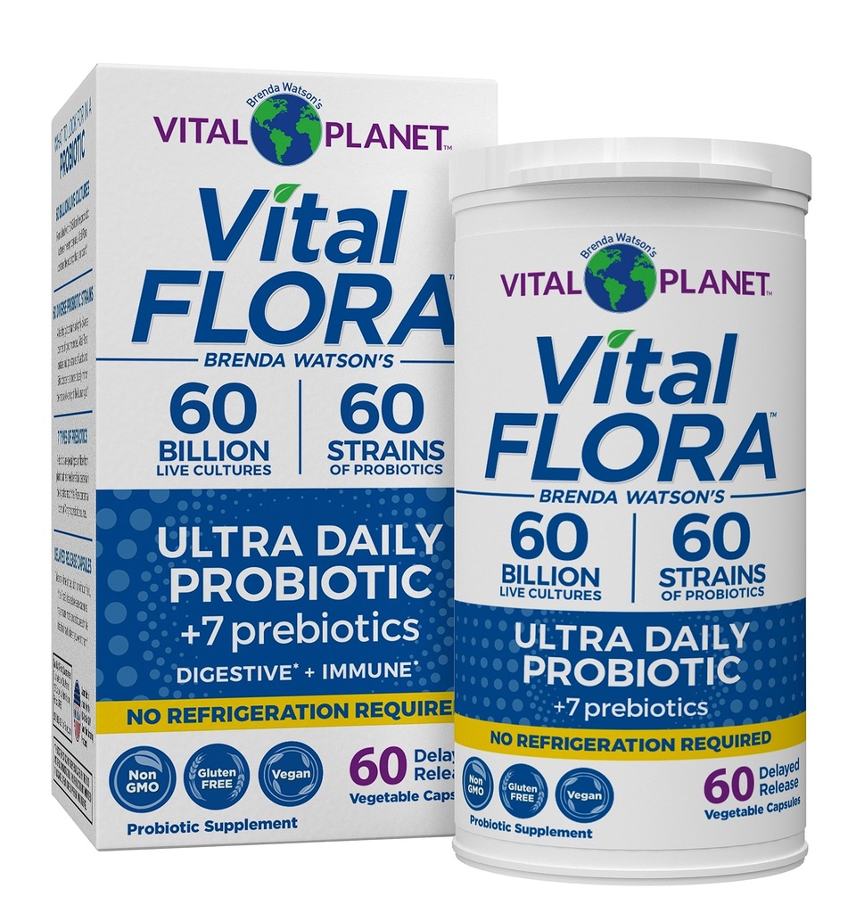 Vital Planet - Vital Flora Ultra Daily Probiotic 60 Miljard CFU, 60 Diverse Strains, 7 Biologische Prebiotica, Immune Support, Digestief Health Plank Stabiele Probiotica voor vrouwen en mannen 60 Capsules