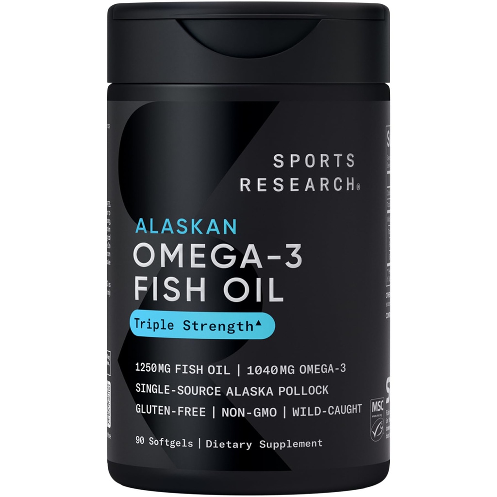 Recherche sportive Huile de poisson Omega 3 Triple Strength - Supplément d'huile de poisson sans Burpless avec acides gras de l'EPA et de l'ADH provenant d'un Alaska sauvage de source unique - 1250 mg, 90 ct