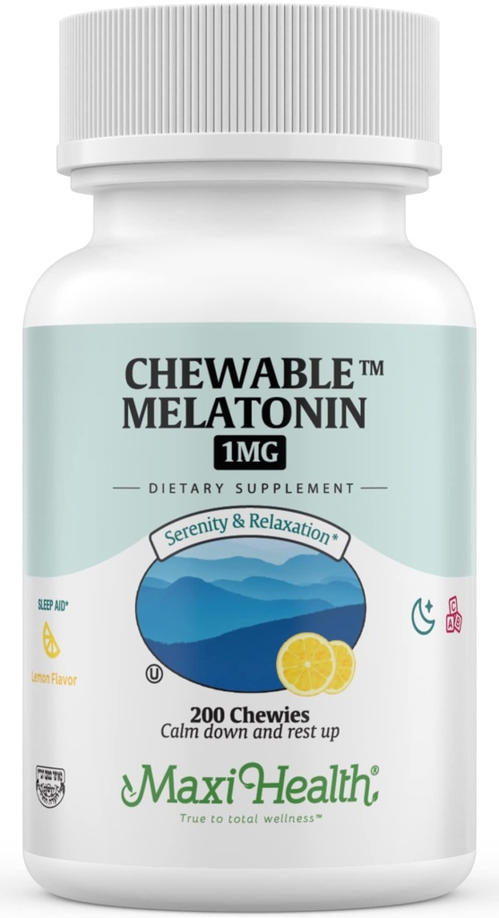 Maxi Health Kauwbare Melatonine, Kosher Lemon Flavor, Melatonine voor Volwassenen & Kinderen, Natuurlijke Hulp voor Volwassenen & Kinderen, Melatonine Kauwtabletten Alternatief voor Melatonine Gummies Kinderen Dosis, (200 Aantal)