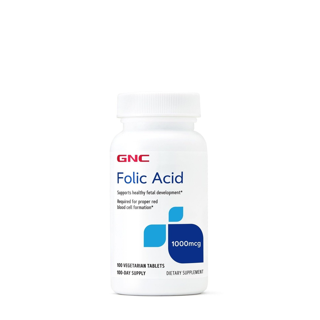 GNC Folic Acid 1000mcg, soutient le développement foetal sain, nécessaire pour une bonne formation de globules rouges, formule végétarienne, 100 Compte