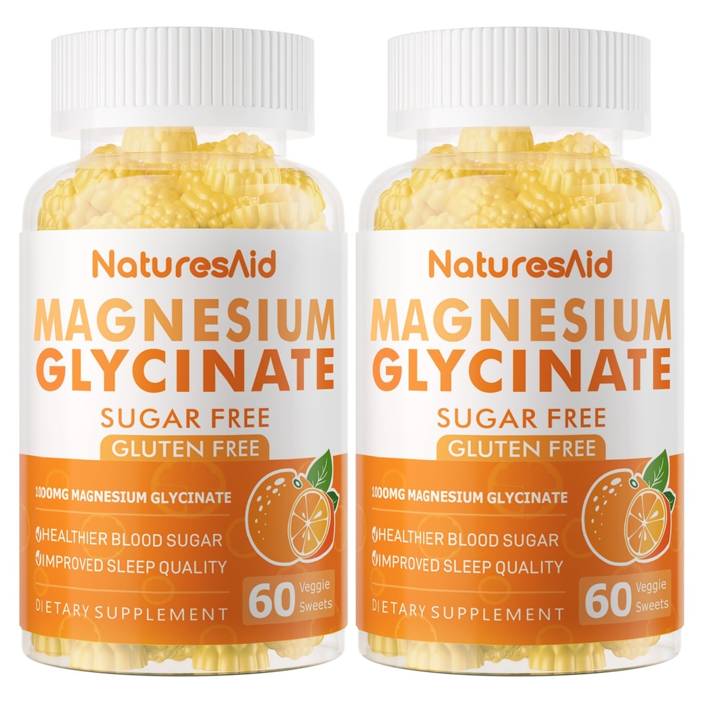 Magnesium Glycinate Gummies 1000mg - Suikervrij Magnesium Kalium Supplement met Vitamine D, B6, CoQ10 voor Kalm Mood & Slaap Ondersteuning - 120 Oranje Gummies -2 Pack