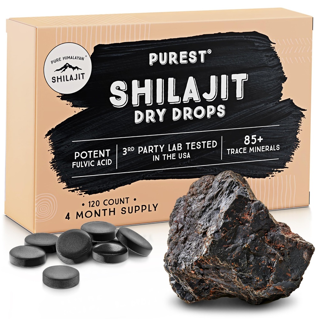 Pure Himalayan Shilajit Dry Drops, 100% Pure Natural Shilajit, Grade A, Max Potency 85+ Clean Trace Minerals & Fulvic Acid pour l'énergie, le métabolisme et le supplément de soutien immunitaire pour les hommes et les femmes (120 onglets)