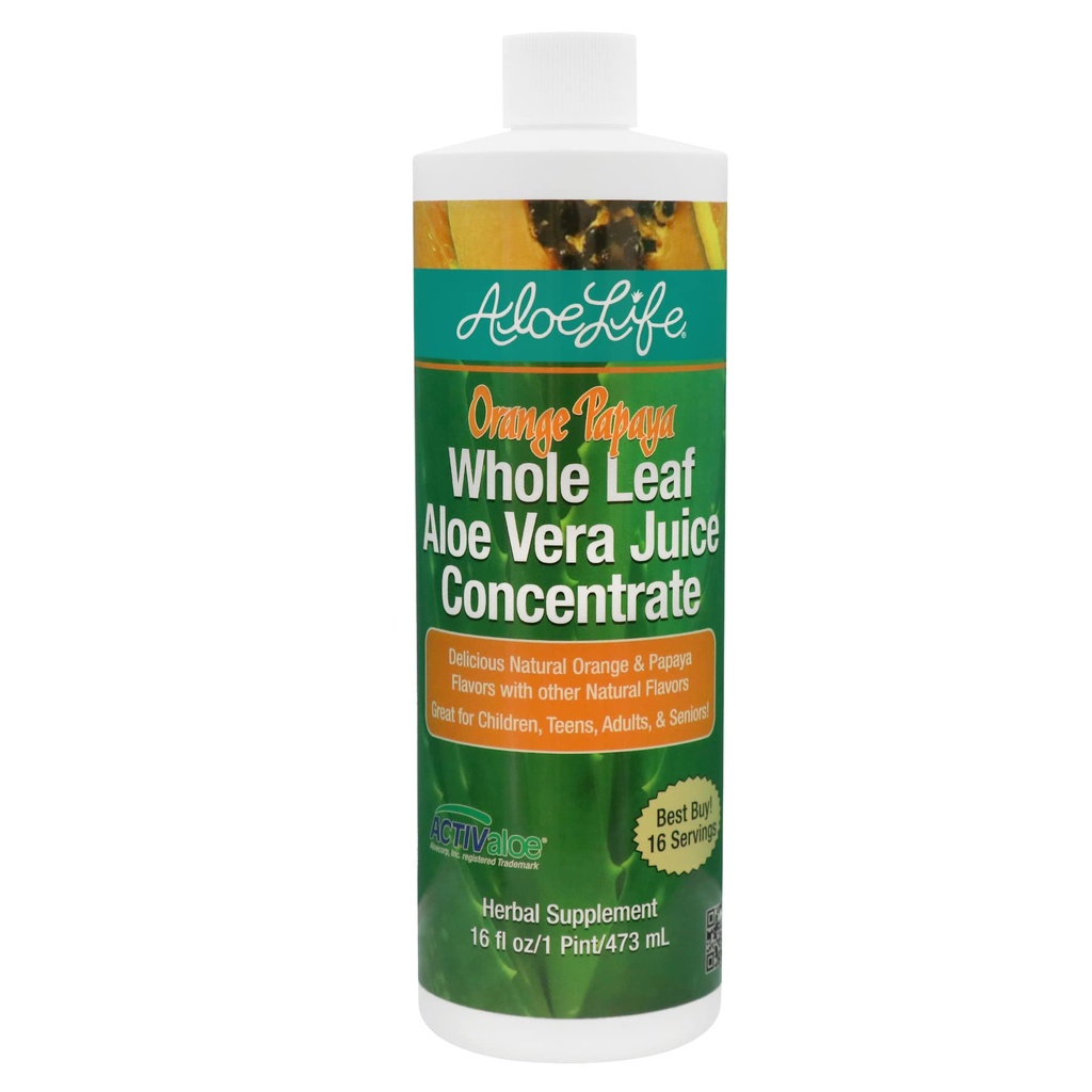Aloe Life - Whole Leaf Aloe Vera Juic, Certified Organic, Gluten-Free (Orange Papaya, 16 oz)