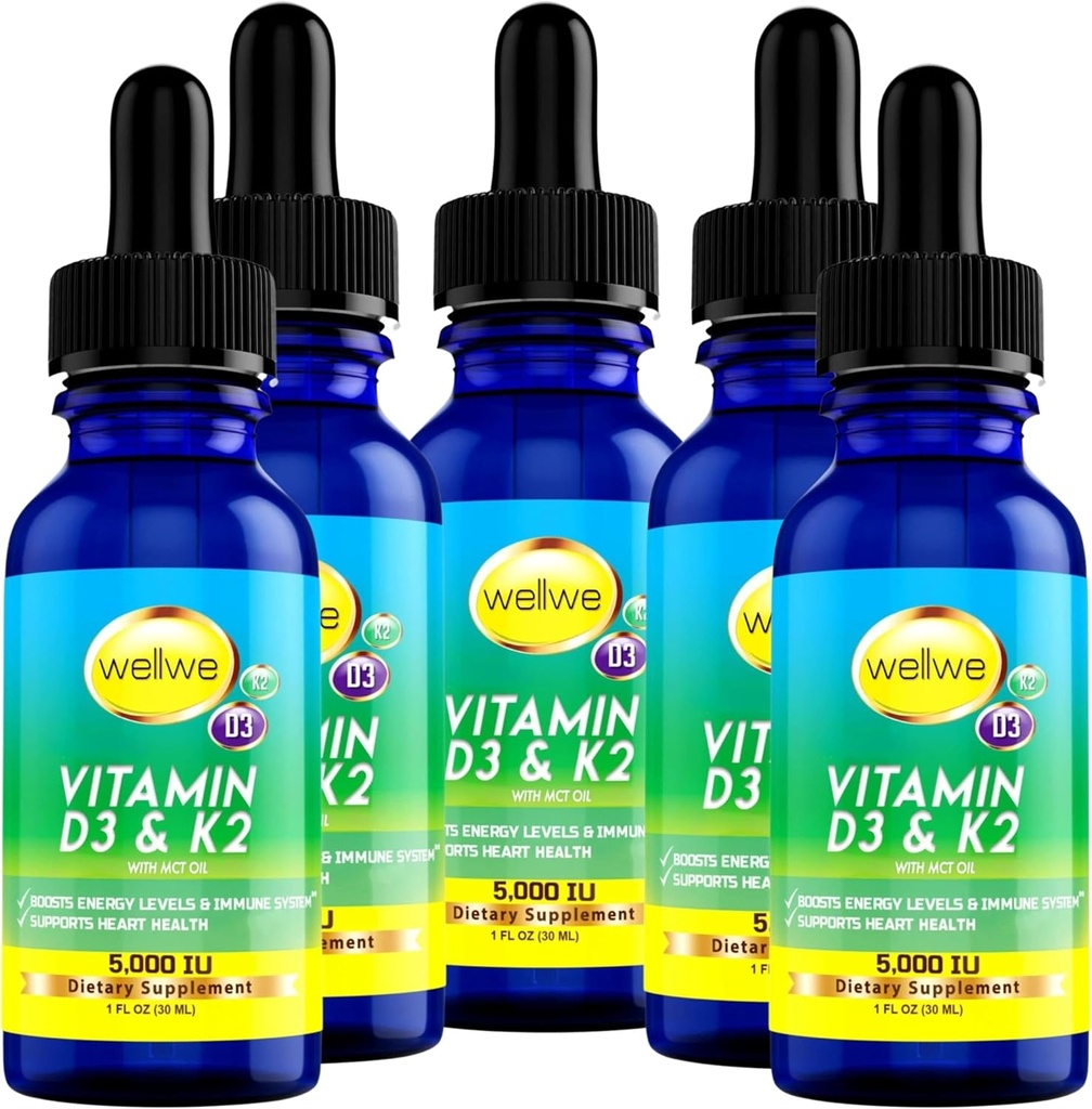 Vitamine liquide D3 K2 gouttes 5000 UI - végétalien, sans goût, sans odeur, sans soja, sans gluten, sans OGM, 1000 UI par goutte, augmente les niveaux d'énergie et le système immunitaire, soutient la santé cardiaque (5 Pack)