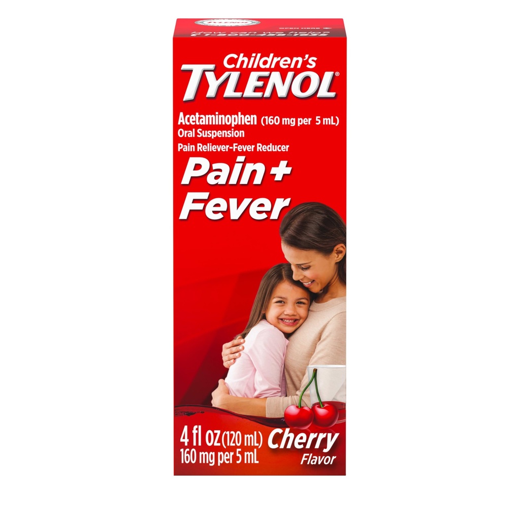 Tylenol médicament de suspension buvable liquide pour enfants, acétaminophène analgésique et réducteur de fièvre, aspirine, Ibuprofène et sans alcool, cerise, 4 Fl. Oz