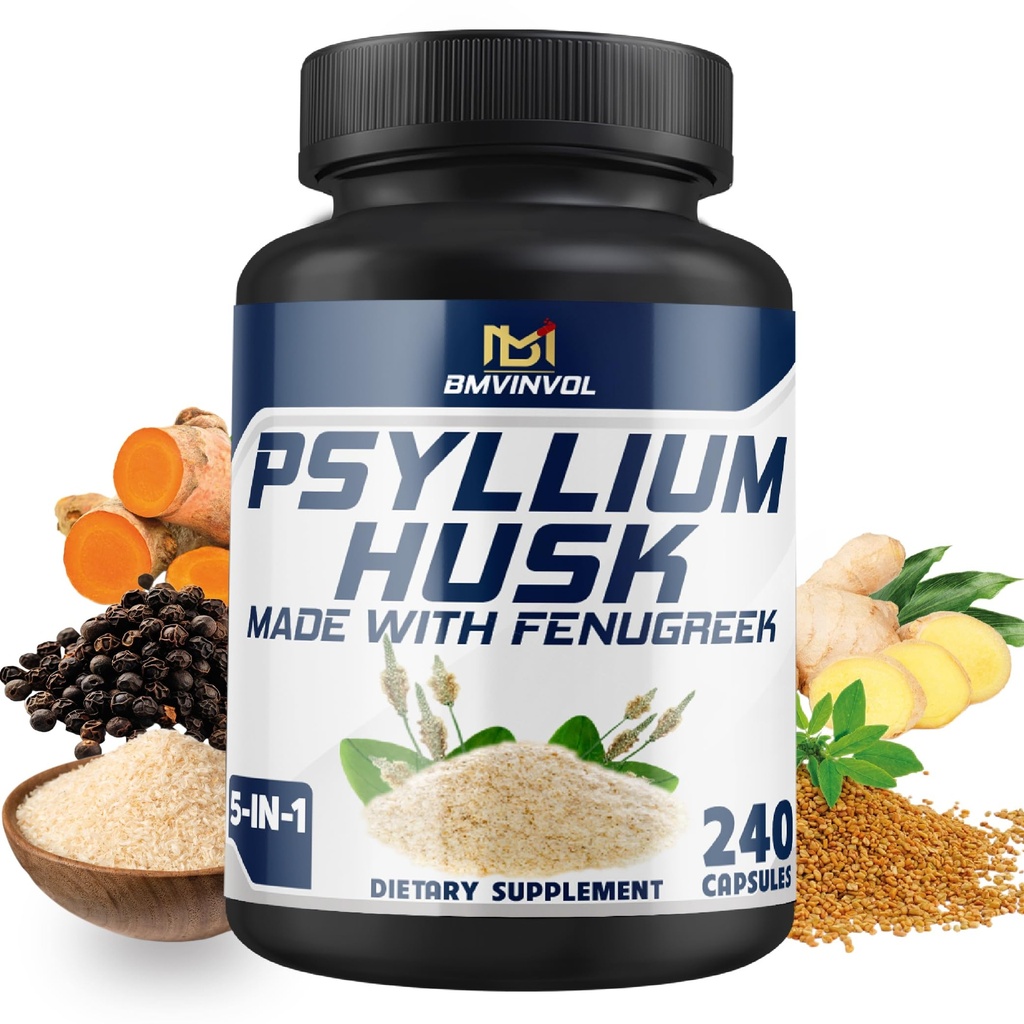 BMVINVOL Psyllium Husk Capsules Fiber Supplement met Fenegriek, Kurkuma, Gember, Zwarte peper - Ondersteuning spijsverteringssysteem, Intestinale gezondheid - 240 Tel voor 4 maanden levering