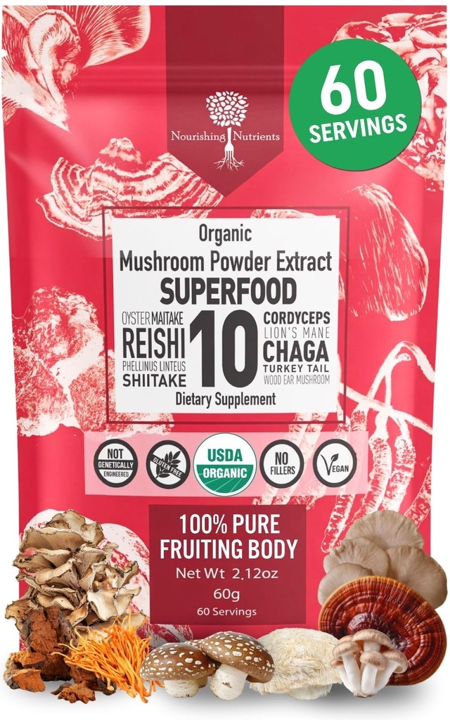 Biologische paddopoeder Extract - Superfood 10 Supplement 14x Sterker 100% Pure USDA Immunity Booster- Reishi, Chaga, Cordyceps, Shiitake, Lions Mane, Turkije staart en meer. Toevoegen aan koffie/thee 60 Gram