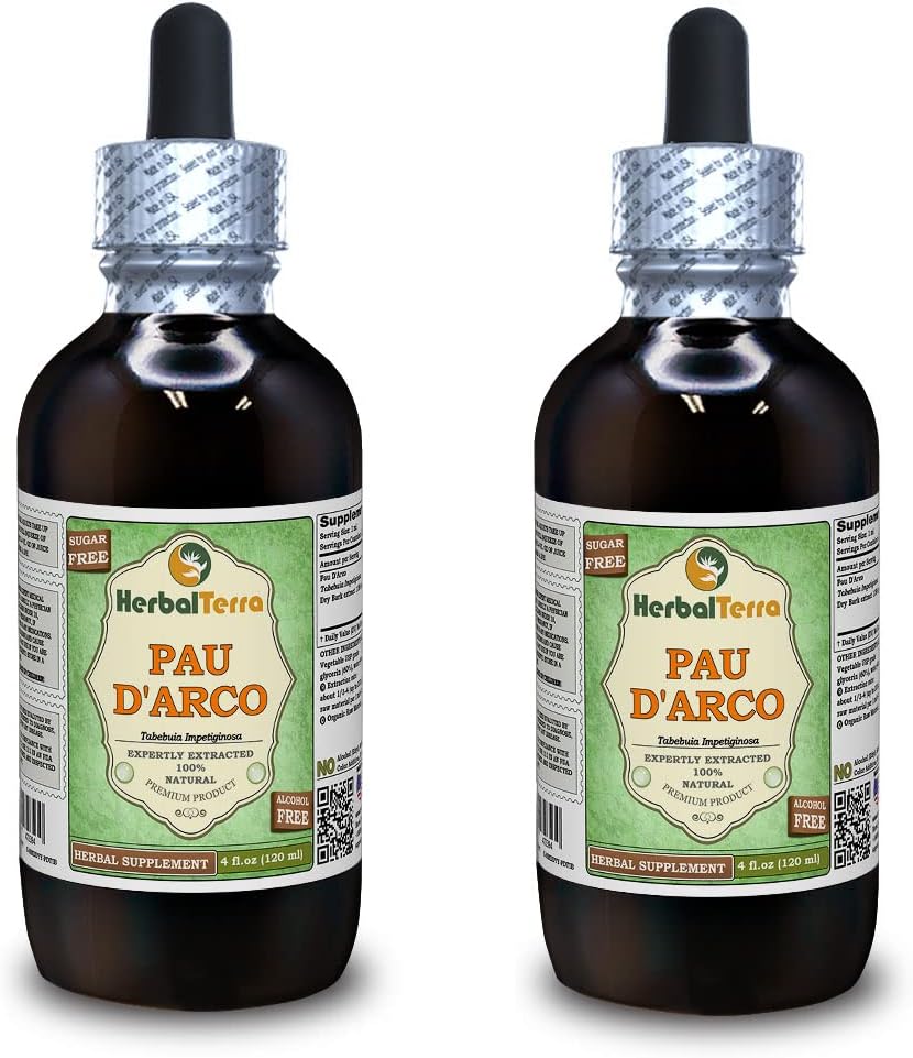 PAU d'arco (Tabebuia Impetiginosa) Glyceriet, gedroogd Bark Alcoholvrij Liquid Extract (Grote Naam: HerbalTerra, Trots Made in USA) 2x4 fl.oz (2x120 ml)