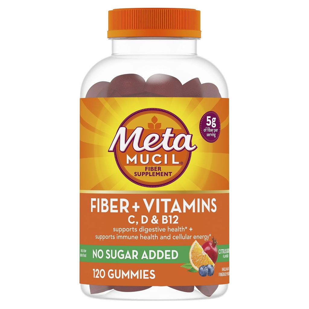Metamucil Fiber Gummies voor volwassenen met vitamine C, D, B12 voor Metabolisme, Geen suiker toegevoegd Citrus Berry smaak, 5g Plant Based Prebiotic Fiber Supplement Blend, 120 Tellen