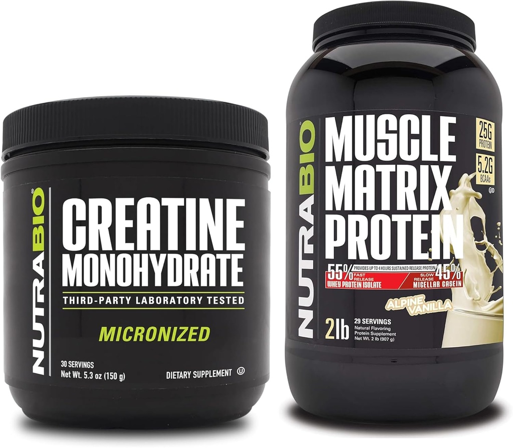 NutraBio Creatine Monohydraat, Unflavored, (150 g) en Muscle Matrix Protein Powder, (Vanilla) Supplement Bundel 