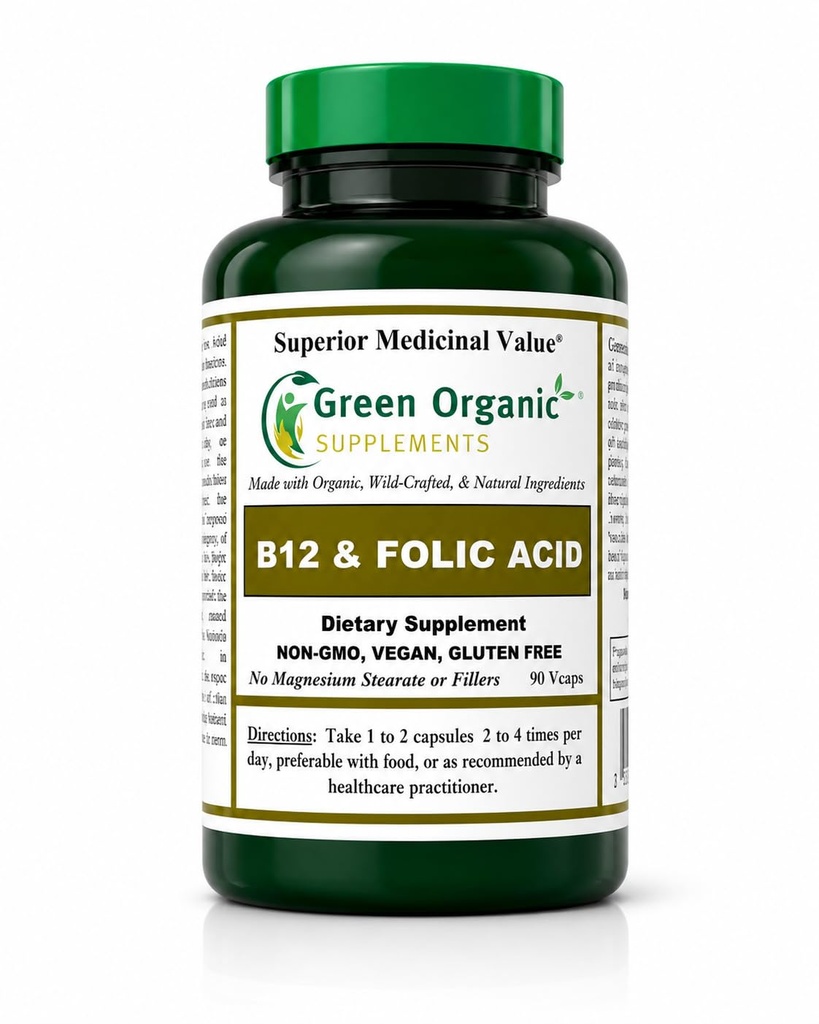 Green Organic Supplements (Pack-1) Vitamin B12 & Folic Acid, 1000mcg, 90 VCaps, Hand Made, Vegan, Non-GMO, Supports Functioning of the Nervous System, and the Integrity of Skin, Hair & Liver