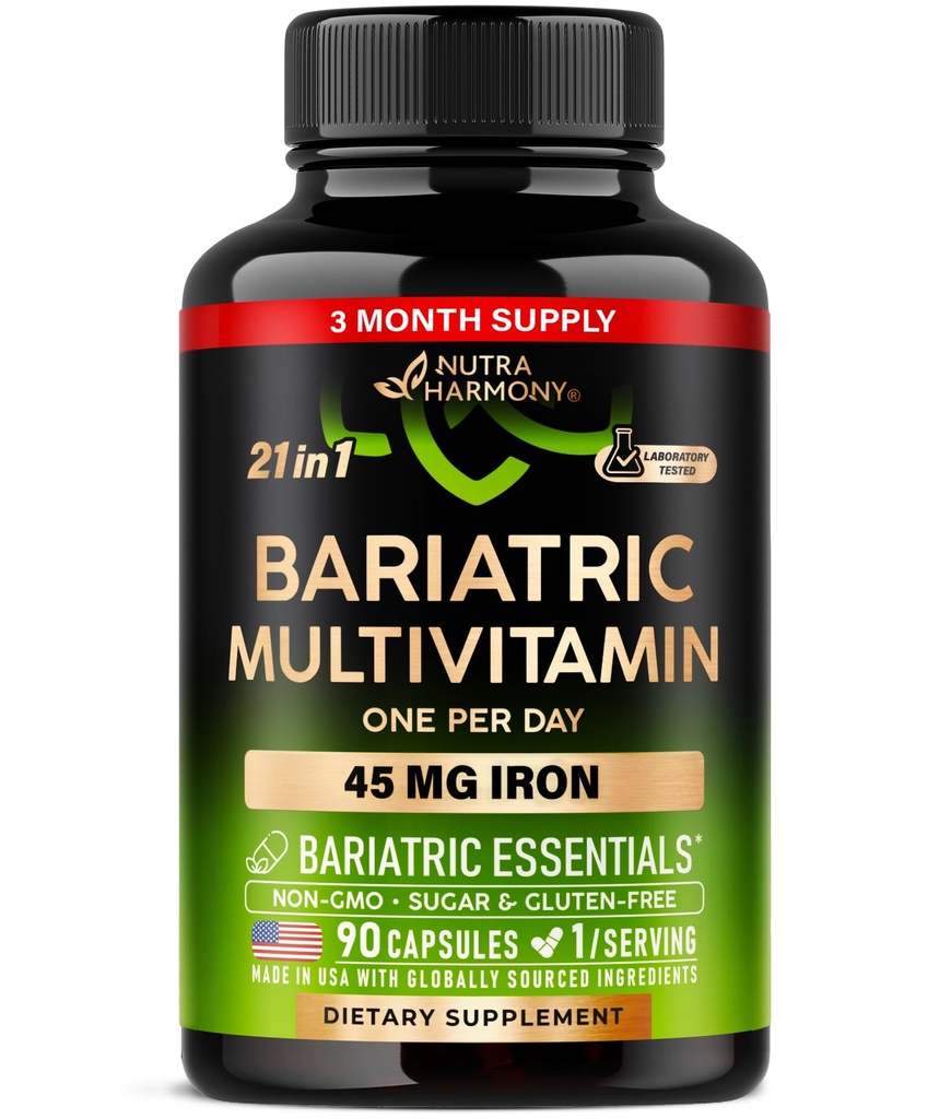 Bariatrische Multivitamine - 45 mg IJzersupplementen - Made in USA - voor vrouwen en mannen - All-in-One, 21 Essentiële Vitaminen - Gastrische Mouwondersteuning - Zonder suiker, gluten en soja - 90 Capsules, eenmaal daags