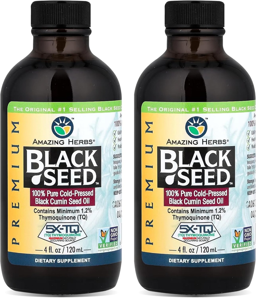 Amazing Herbs Huile de Graine Noire Premium - Sans gluten, sans OGM, Nigella Sativa pressée à froid Aides à la santé digestive, soutien immunitaire, fonction cérébrale, mobilité conjointe - 4 Fl Oz (paquet de 2)