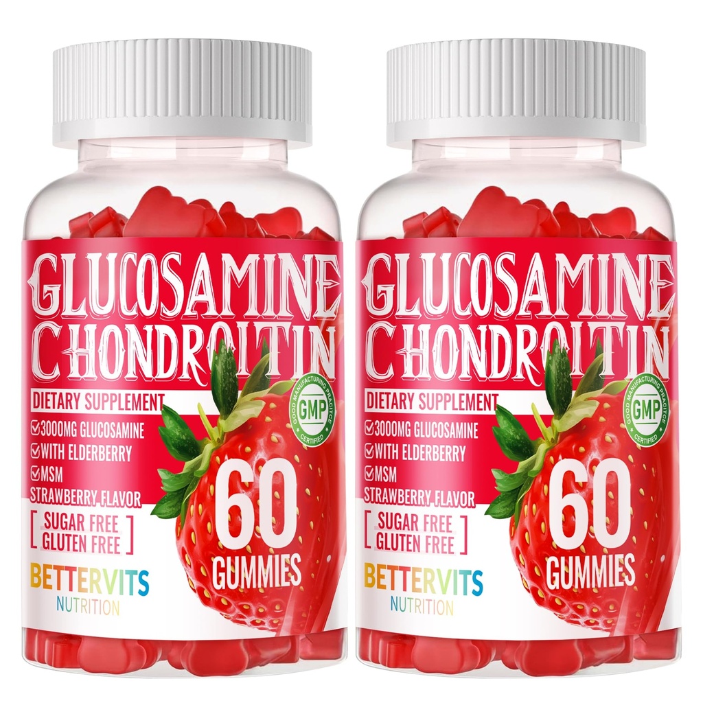 Glucosamine Chondroitin Gummies met MSM & Vlierberry Extra Sterkte - Gezamenlijke ondersteuning, Antioxidant Immune Support Supplement voor volwassenen, mannen en vrouwen. 120 Aardbei Gummies