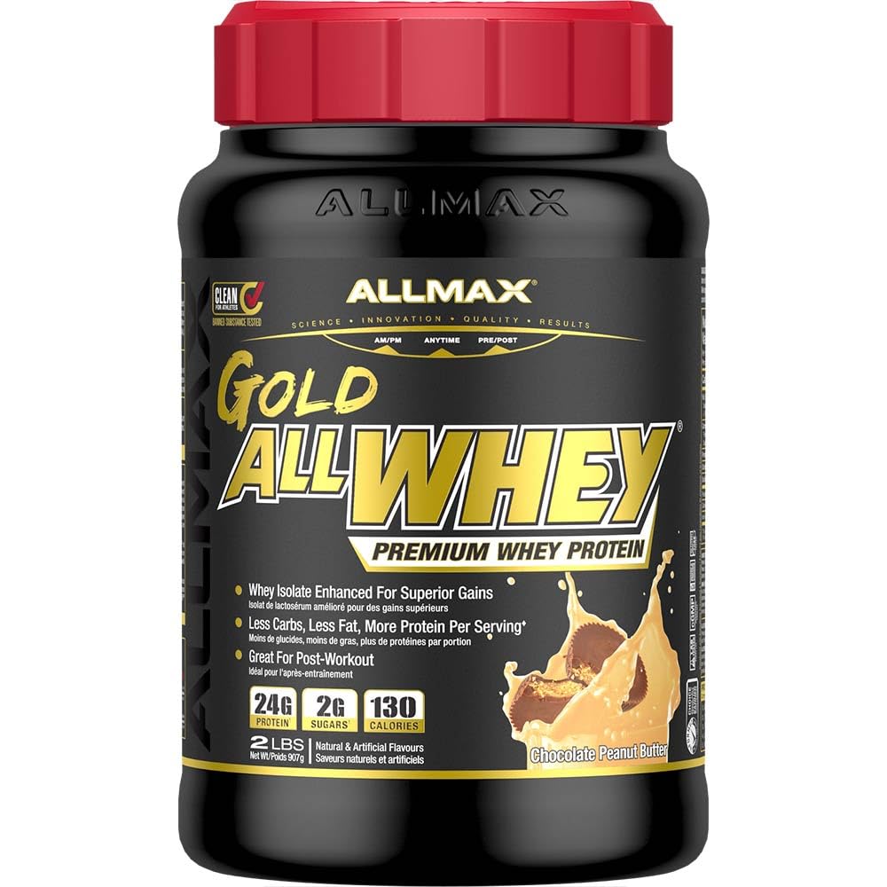 ALLMAX Nutrition Gold ALLWHEY, Chocolate Peanut Butter - 2 lb - 24 Gram eiwit per scoop - Glutenvrij, Low Carb & Low Sugar - Ca. 30 porties