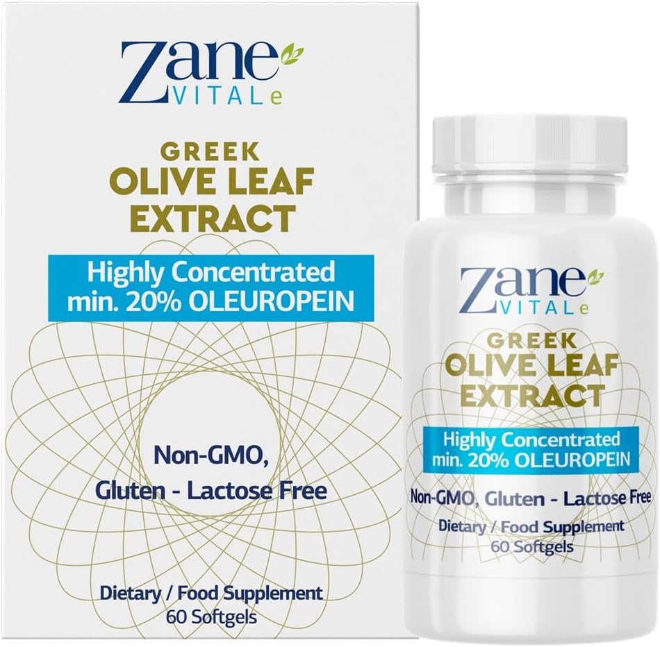 Zane Greek Olive Leaf Extract - min. 20% Oleuropein - Biedt Immuun en gezonde bloeddruk ondersteuning, bevordert Cardiovasculaire Systeem Gezondheid - 60 Capsules Non-GMO, Gluten - Lactose