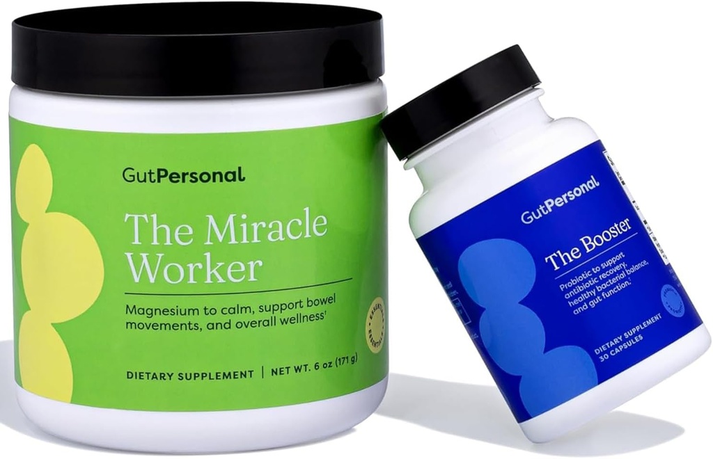 GutPersonal The Gut FixTM Bundle: The Miracle Worker Magnesium Powder Supplement, Aardbei smaak, 30 Servings + The Booster Targeted Probiotic, Capsule, 60 Servings