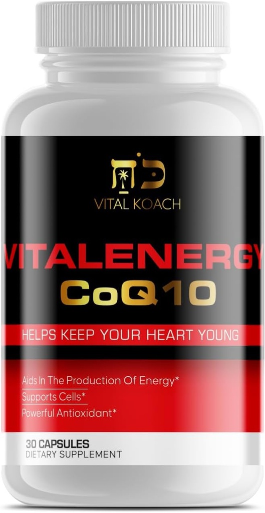 Vitalenergy CoQ10 Ubichinon 200mg, 30 Capsules, Ondersteunt Cardiovasculaire Gezondheid, Cellular Energy Productie, en Antioxidant, Wit/Rood/Zwart