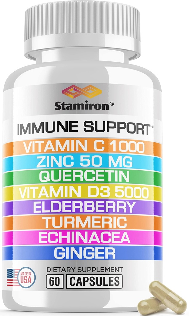 8 in 1 Immuun Ondersteuning met quercetine Zink 50mg Vitamine C 1000mg Vitamine D3 5000 IE en Vlierbessen Echinacea Gember voor Volwassenen Kinderen - VIT D Supplement Veg Capsules