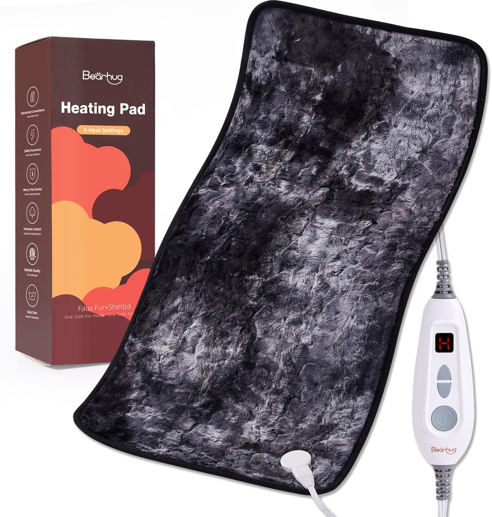 Bearhug XXL elektrisch verwarmd pad 17'x33' dubbelzijdige faux fur verwarmingskussen, 6 warmteniveaus, 2-uurs auto-off, vochtige en droge warmtetherapie voor rugpijnverlichting, machine wasbaar, ETL gecertificeerd - geschenkdoos