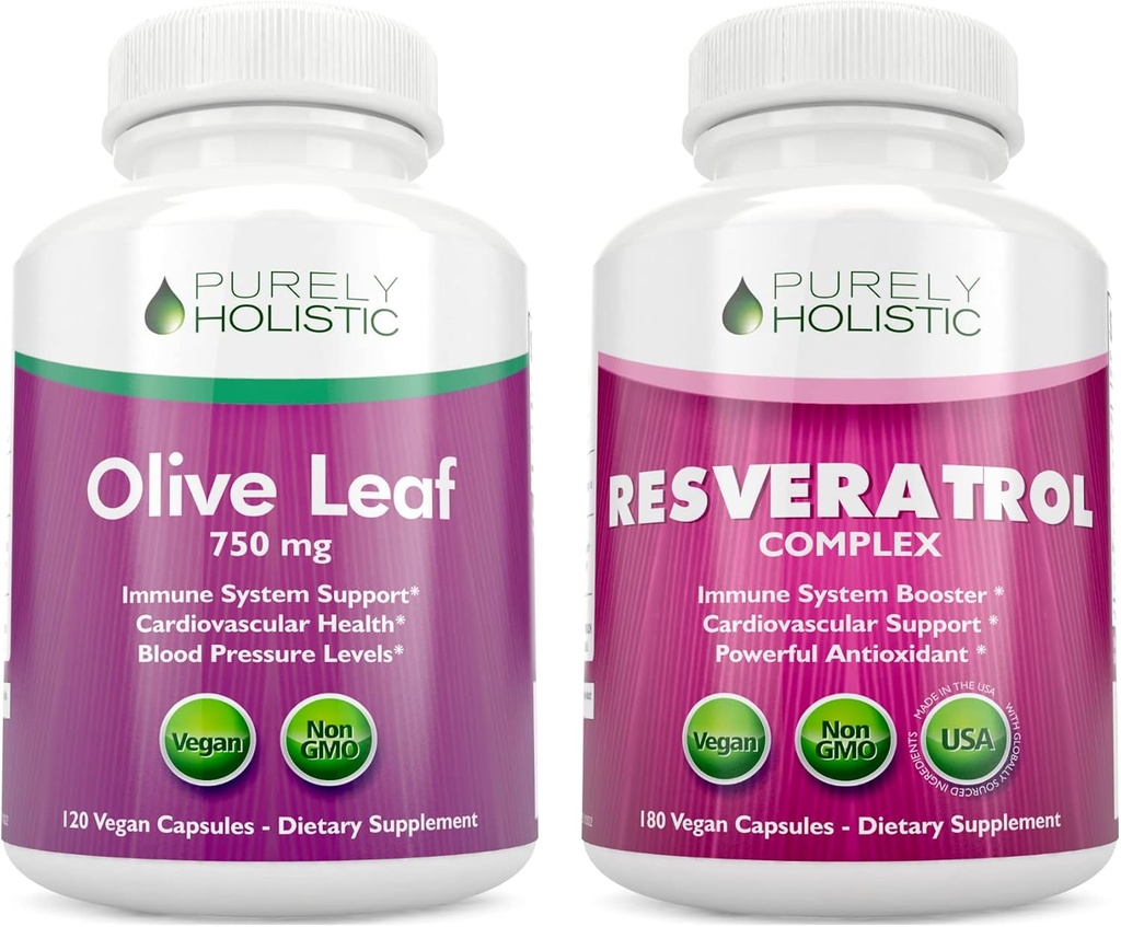 Pure Holistische Olive Leaf Extract 750mg + Resveratrol Complex 1450mg - 300 Vegan Capsules - Made in The USA