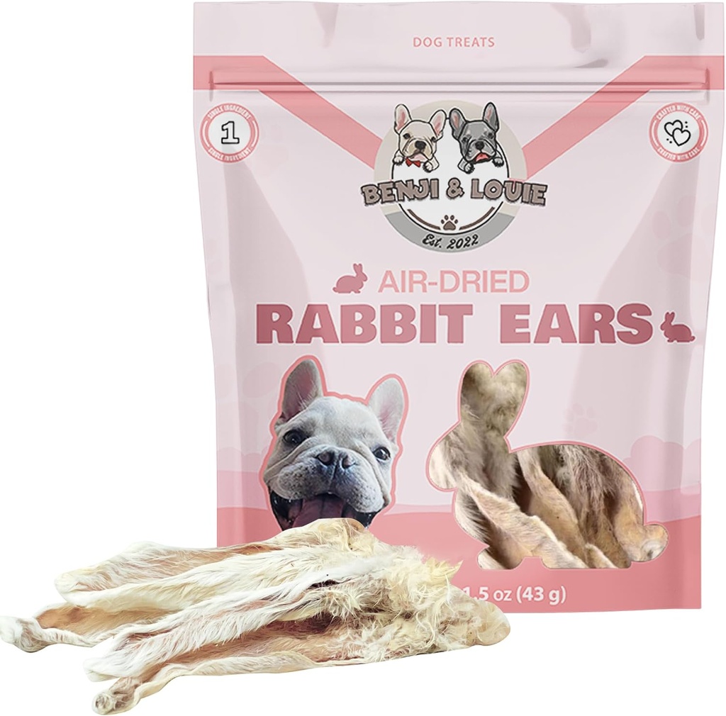 Benji & Louie Oreilles entières de lapin séchées à l'air et à la fourrure - Gâteries de chien en bonne santé ou à croquer, ingrédient unique, 1,5 oz, 4 à 6 comtes