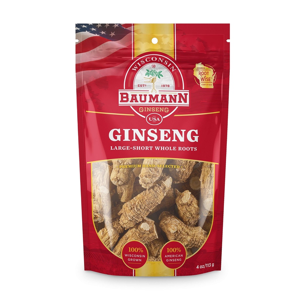 Baumann Wisconsin Ginseng Whole Roots - Large Short (4 oz.) - 100% Natural Wisconsin Grown Panax Ginseng Herb - Pure gedroogde Amerikaanse Ginseng met antioxidant Ginsenosides voor Enhanced Focus & Energy