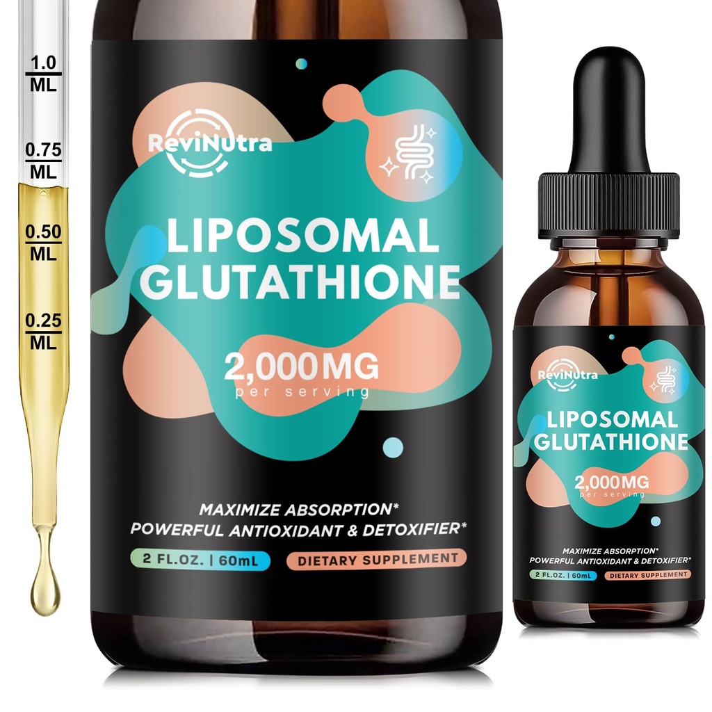 Supplément de glutathion liposomique - 2000mg Glutathion gouttes liquides avec vitamine C, Curcumine et trans-résvératrol - puissant antioxydant pour l'immunité, la santé de la peau, la défense du vieillissement et la désintoxication du foie - 2 Fl Oz