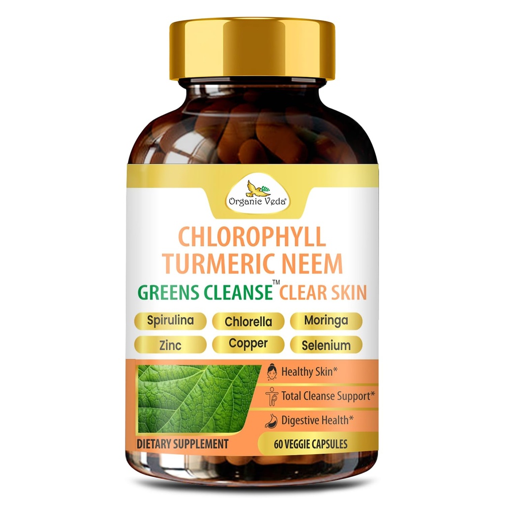 Organic Veda Chlorophyll Turmeric Neem Capsules for Acne & Healthy Glowing Skin – Greens Cleanse Beauty Supplement for Women & Men with Super Greens, Zinc for Detox, Gut & Digestion – 60 Capsule