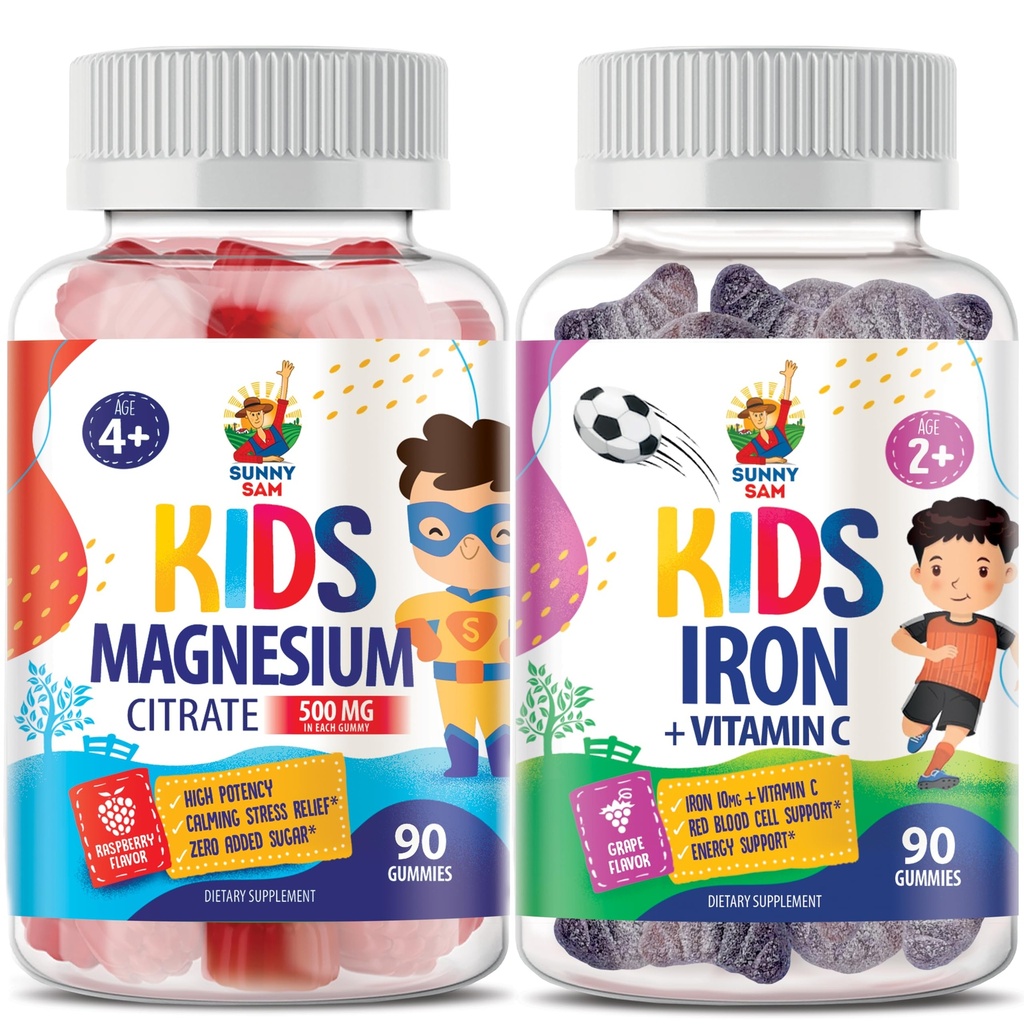 SUNNY SAM Gommies de Fer pour Enfants & Gommies de Magnésium pour Enfants & Adultes - 500mg - Chews de Magnésium Calme - Supplément de Citrate de Magnésium pour Support Mood & Muscle