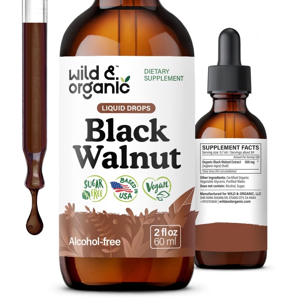Wild & Organic Black Walnut Tinctuur - Reinigen Detox met zwarte Walnut Hull Extract - Kruidensupplement voor Gut Detox Reiniging en Digestief Well-Being - Vegan, Sugar & Alcohol-Free - 2 fl oz