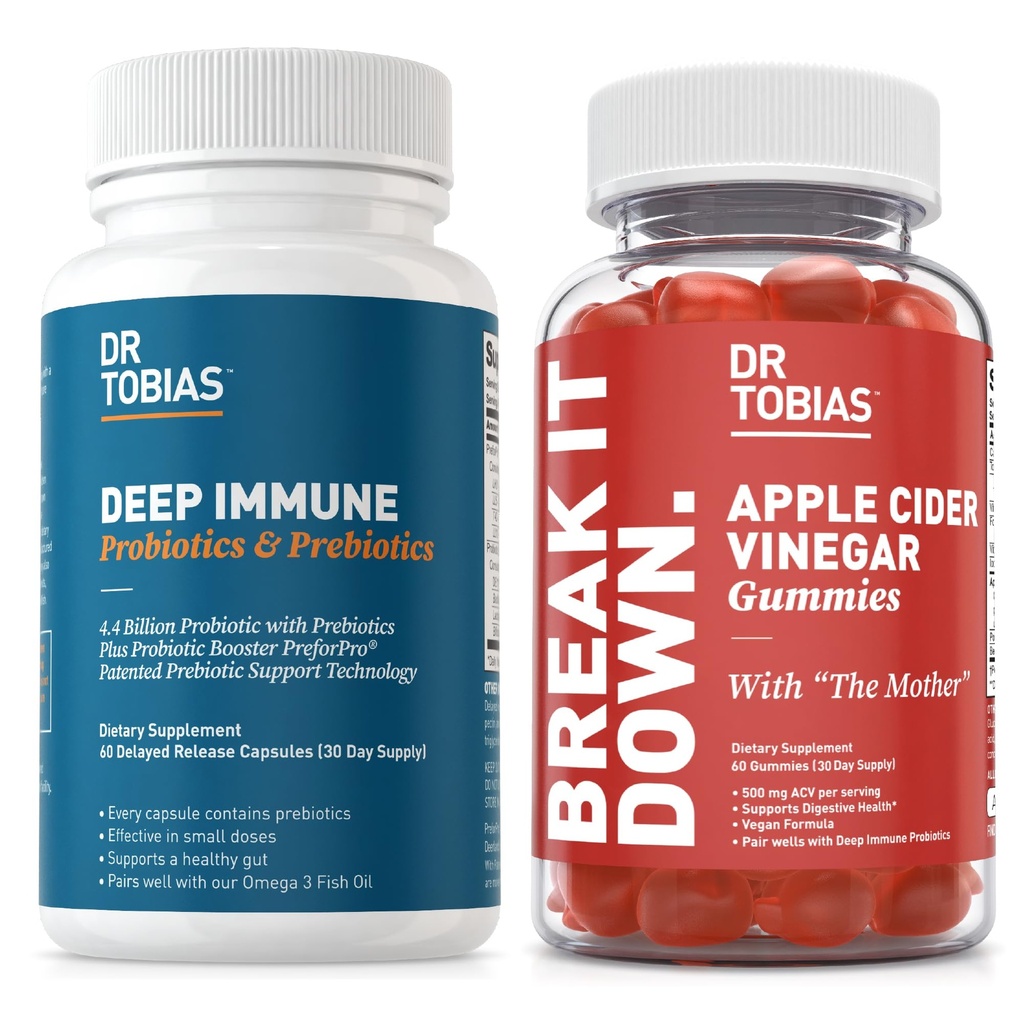Dr. Tobias Deep Immune Probiotics & Prebiotics and Apple Cider Vinegar Gummies, ondersteunt Digestieve Gezondheid, Gut Immune Functie, Reiniging & Detox voor mannen en vrouwen met 4.4. Biljoen CFU & The Mother