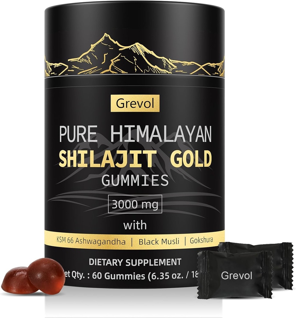 Himalaya Shilajit Gummies: Gold Grade Shilajit Rijk met Ashwagandha Fulvic Acid & 85+ Trace Minerals - No Added Sugar - Individually Wrapped - for Men & Women - 60 Gummy