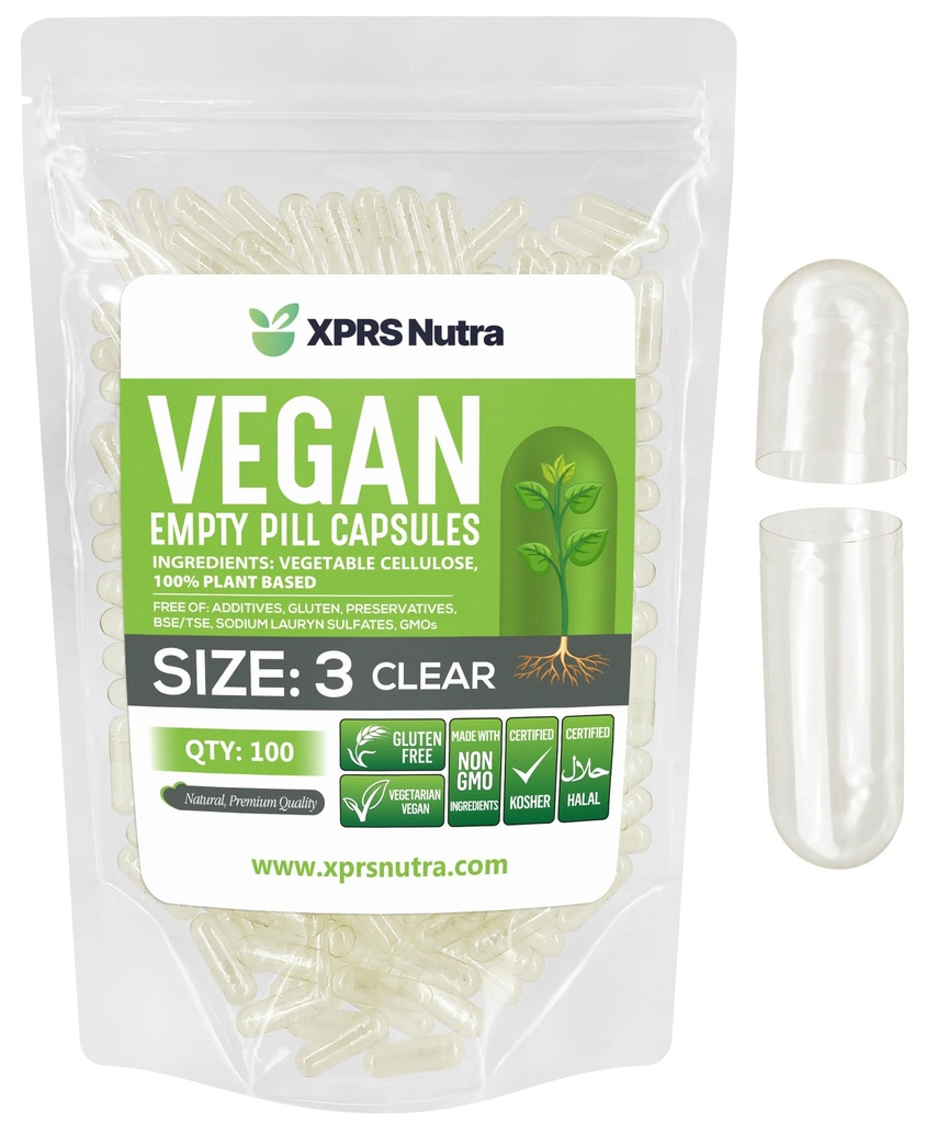 XPRS Nutra Maat 3 Lege Capsules - 100 Tel helder Lege Vegan Capsules - Vegetarische pillen - DIY plantaardige Capsules vullen - Veggie pilscaps