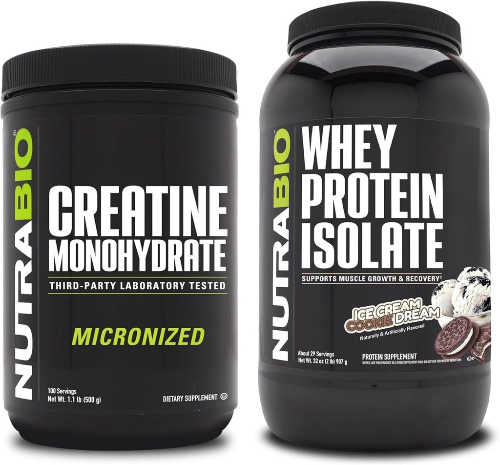 NutraBio Creatine Monohydraat, Unflavored, 500g en Wei Proteïne Isolaat, Ice Cream Cookie Droom, Supplement Bundle - Spierenergie, Lean Spiergroei, Herstel, en sterkte