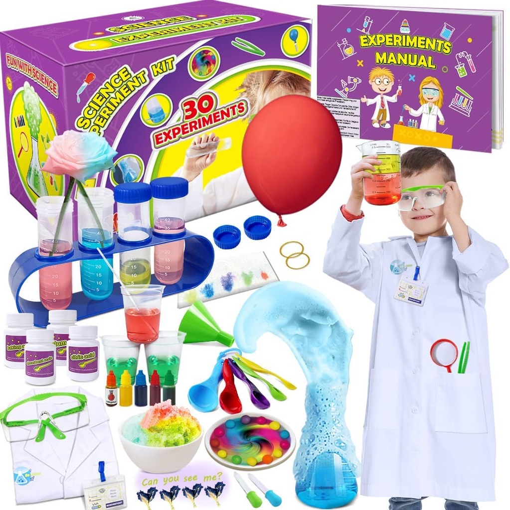 UNGLINGA 30 Experimenten Science Kit voor kinderen met labjas, scheikunde set STEM Speelgoed verjaardagscadeaus voor jongens meisjes, wetenschapper kostuum Role Play Tools Educatief leren set